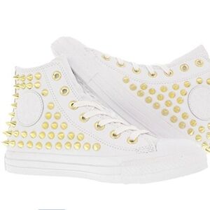 CONVERSE ALL STAR White Leather Gold Studded Chuck Taylor Sneakers Size 6.5